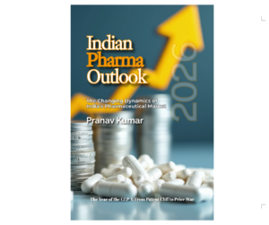 Front cover of Indian Pharma Outlook 2026 by Pranav Kumar, showing a rising yellow arrow above coin stacks and white capsules